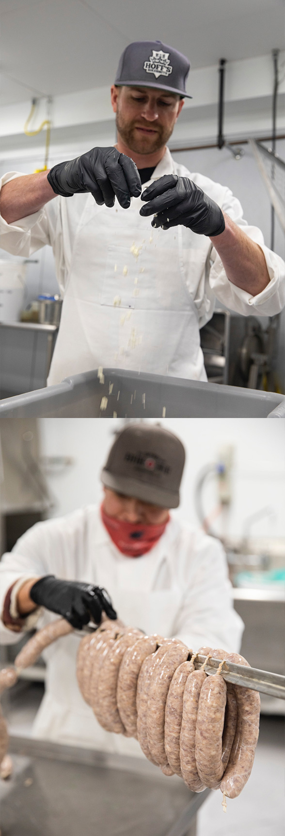 Person preparing sausage.